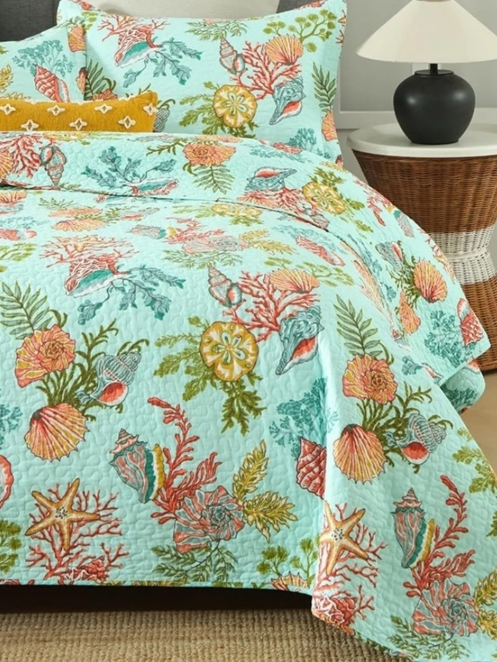New Coastal Seashell Quilt Set in Aqua by